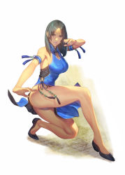 Rule 34 | 1girl, armband, bare shoulders, black footwear, black hair, blue dress, breasts, brown eyes, china dress, chinese clothes, closed mouth, dress, fighting stance, fingernails, full body, highres, homare (fool&#039;s art), lips, long hair, medium breasts, nail polish, original, panties, parted bangs, pelvic curtain, scan, shiny skin, shoes, simple background, sleeveless, sleeveless dress, solo, thighs, underwear