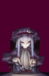 Rule 34 | 1girl, bow, crescent, crescent hair ornament, cup, drinking glass, food, frilled sleeves, frills, hair bow, hair ornament, hat, hat ribbon, highres, light purple hair, long hair, patchouli knowledge, purple background, purple eyes, ribbon, solo, steak, thupoppo, touhou, wine glass
