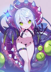 Rule 34 | 1girl, absurdres, breasts, closed mouth, green eyes, hair between eyes, highres, leaning forward, looking at viewer, medium breasts, monster, original, revealing clothes, short hair, solo, standing, te-chan (tewowet), tewo (tewowet), thigh strap, white hair
