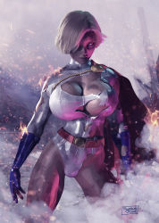 Rule 34 | 1girl, belt, blue gloves, breasts, capelet, cleavage, covered erect nipples, cowboy shot, dc comics, eyelashes, gloves, hair over one eye, huge breasts, leotard, lips, no bra, power girl, short hair, smoke, solo, superhero costume, superman (series), system bleed, torn clothes, white hair