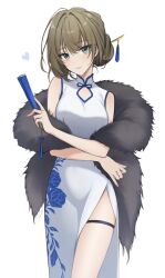Rule 34 | 1girl, bare shoulders, blue eyes, blush, breasts, chinese clothes, chinese hairpin, cleavage cutout, clothing cutout, coat, crossed arms, dress, floral print, folding fan, fur coat, green eyes, green hair, groin outline, hand fan, heart, heterochromia, highres, idolmaster, idolmaster cinderella girls, looking at viewer, medium breasts, mole, mole under eye, q-v (levia), short hair, smile, solo, takagaki kaede, thigh strap, thighs