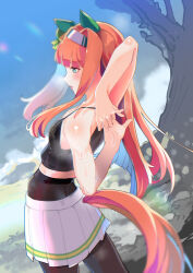 Rule 34 | 1girl, absurdres, animal ears, aqua eyes, bare shoulders, black pantyhose, black tank top, breasts, clothing cutout, commentary request, doushi tatsu to dekkai no, ear covers, hairband, highres, horse ears, horse girl, horse tail, long hair, midriff, orange hair, outdoors, pantyhose, pleated skirt, silence suzuka (umamusume), skirt, small breasts, solo, stretching, sweat, tail, tail through clothes, tank top, umamusume, visible air, white hairband, white skirt