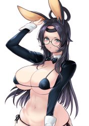 Rule 34 | adapted costume, alternate breast size, aqua eyes, azur lane, bikini, black bikini, black bow, black bowtie, black hair, blush, bow, bowtie, breasts, commentary, covered erect nipples, cowboy shot, detached collar, dot nose, effort star, forehead, glasses, hand up, highres, huge breasts, large breasts, leotard, long hair, looking at viewer, meme attire, open mouth, playboy bunny, reverse bunnysuit, reverse outfit, shrug (clothing), simple background, solo, souryuu (azur lane), stomach, swimsuit, white background, wide hips, wrist cuffs