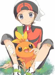 Rule 34 | 1boy, backpack, bag, bandaid, bandaid on face, bandaid on hand, bandaid on knee, bandaid on leg, beanie, brendan (pokemon), brown hair, buckle, capri pants, closed mouth, commentary request, creatures (company), game freak, gen 3 pokemon, grass, green bag, grey eyes, hat, looking down, male focus, niimura (csnel), nintendo, pants, pokemon, pokemon (creature), pokemon oras, shirt, shoes, short hair, sitting, smile, split mouth, torchic, white footwear, white headwear, zipper pull tab