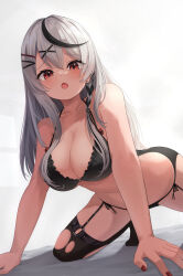 Rule 34 | 1girl, absurdres, all fours, black bra, black hair, black panties, black thighhighs, blush, bra, braid, breasts, earrings, frilled bra, frills, garter straps, grey hair, hair ornament, heart o-ring, highres, hololive, jewelry, large breasts, long hair, looking at viewer, multicolored hair, nail polish, o-ring, o-ring bra, o-ring legwear, open mouth, panties, red eyes, sakamata chloe, side-tie panties, solo, streaked hair, thighhighs, torn clothes, torn thighhighs, underwear, underwear only, virtual youtuber, x hair ornament, yoppy paint