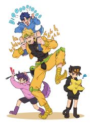 Rule 34 | !, !!, 4boys, puff of air, ?, absurdres, aged down, animal ears, animal hands, annoyed, battle tendency, black hair, black shorts, blonde hair, blue eyes, blue hair, carrying, commentary request, crotchless, crotchless pants, dio brando, dog ears, dog paws, dog tail, earrings, fangs, full body, green lips, hammer, hat, headband, heart, highres, holding, honlo, hood, hoodie, jacket, jewelry, jojo no kimyou na bouken, jonathan joestar, joseph joestar, kuujou joutarou, long hair, long sleeves, looking at another, male focus, multiple boys, muscular, muscular male, open mouth, pants, phantom blood, pointy footwear, short hair, shorts, shoulder carry, stardust crusaders, tail, time paradox, yellow jacket, yellow pants
