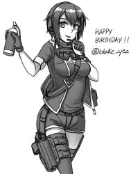 Rule 34 | 1girl, breasts, cleavage, dated, ear protection, gloves, goggles, goggles around neck, greyscale, gun, hair between eyes, handgun, happy birthday, headset, highres, holding, holster, holstered, jacket, medium breasts, monochrome, ndtwofives, open clothes, open jacket, original, pistol, short shorts, short sleeves, shorts, simple background, single thighhigh, solo, spray can, thigh holster, thighhighs, weapon, white background
