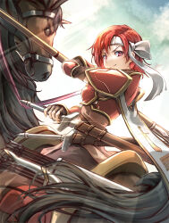 Rule 34 | 1girl, absurdres, armor, black gloves, cecil (fire emblem), clear glass (mildmild1311), fingerless gloves, fire emblem, fire emblem: mystery of the emblem, gloves, headband, highres, holding, holding polearm, holding reins, holding sword, holding weapon, horse, horseback riding, looking at viewer, nintendo, polearm, red eyes, red hair, reins, riding, saddle, sheath, sheathed, smile, solo, sword, unsheathing, weapon