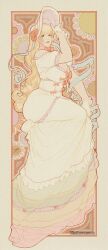 Rule 34 | 1girl, art nouveau, artist name, blonde hair, blunt bangs, bonnet, bow, breasts, chin strap, cleavage, dress, floral background, flower, frills, gloves, hand on headwear, hat, hat flower, heart, heart on cheek, highres, large breasts, layered dress, light smile, lips, long dress, long hair, off-shoulder dress, off shoulder, original, sitting, solo, the insaneum, white dress