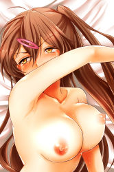 Rule 34 | 10s, 1girl, ahoge, ahorote, angry, arm up, armpits, bed, blush, breasts, brown hair, chuunibyou demo koi ga shitai!, cleavage, collarbone, covering own mouth, covering privates, crying, female focus, from above, hair between eyes, hair ornament, large breasts, long hair, lying, nibutani shinka, nipples, nude, on back, on bed, one side up, solo, sweat, tears, upper body, very long hair, yellow eyes