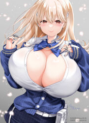 Rule 34 | 1girl, belt, belt pouch, blonde hair, blue bow, blue bowtie, blue cardigan, blue nails, blue skirt, blush, bow, bowtie, breasts, brown eyes, cardigan, claw ring, cleavage, closed mouth, collared shirt, commentary request, cowboy shot, fanbox username, goddess of victory: nikke, hair between eyes, hair ornament, hands up, highres, huge breasts, jewelry, light particles, long hair, looking at viewer, nail polish, no bra, off shoulder, partial commentary, partially unbuttoned, patreon username, pouch, ring, shibi, shirt, sidelocks, signature, skirt, sleeves past wrists, smile, solo, spike piercing, standing, tia (nikke), twitter username, white belt, white shirt