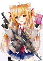 Rule 34 | 1girl, :d, animal ear fluff, animal ears, bad id, bad pixiv id, blonde hair, blouse, blue skirt, blush, cat ears, cat girl, checkered clothes, checkered skirt, coat, dated, fang, gift, gun, hair ribbon, handgun, highres, holding, holding gift, holding weapon, kata rosu, long hair, looking at viewer, machine gun, miniskirt, necktie, open mouth, original, pistol, red necktie, ribbon, shirt, simple background, skirt, smile, solo, twitter username, two side up, weapon, white shirt, yellow eyes