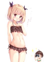 Rule 34 | &gt; o, 10s, 2girls, :q, ;9, ;q, ahoge, arm behind back, bikini, black ribbon, blonde hair, blush, blush stickers, bow, bow bikini, breasts, brown bikini, brown hair, camera, collarbone, cowboy shot, eyebrows, flying sweatdrops, frilled bikini, frills, green bikini, groin, hair ribbon, hand on own chest, head tilt, highres, holding, holding camera, iijima yun, looking at viewer, multiple girls, navel, new game!, nose blush, one eye closed, open mouth, red eyes, ribbon, shiero., shinoda hajime, short hair, simple background, small breasts, smile, sparkle, swimsuit, taking picture, tongue, tongue out, translated, twintails, two side up, v-shaped eyebrows, white background