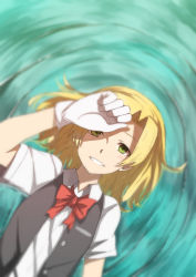 Rule 34 | 10s, 1girl, blonde hair, blush, bow, bowtie, gloves, green eyes, hair down, hand on forehead, hand over eye, highres, kantai collection, looking at viewer, lying on water, maikaze (kancolle), open clothes, open vest, red bow, school uniform, short hair, smile, solo, tsukamoto minori, upper body, vest, white gloves