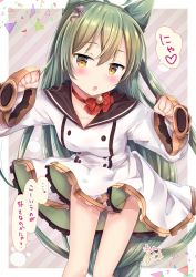 Rule 34 | 1girl, ahoge, akashi (azur lane), animal ears, azur lane, black sailor collar, blush, breasts, brown eyes, cat ears, chestnut mouth, commentary request, diagonal stripes, dress, green hair, hair between eyes, hair ornament, hands up, long hair, long sleeves, looking at viewer, maruma (maruma gic), medium breasts, parted lips, paw pose, sailor collar, sailor dress, signature, sleeves past wrists, solo, striped, striped background, translation request, very long hair, white dress, wide sleeves