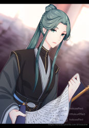 Rule 34 | 1girl, artist name, blurry, blurry background, braid, chinese clothes, green eyes, green hair, highres, instagram username, letterboxed, ling wen, long hair, looking at viewer, ponytail, scroll, shirasame, sidelocks, solo, standing, tianguan cifu, twitter username, watermark, web address