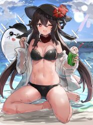 Rule 34 | 1girl, absurdres, bad id, bad twitter id, bare legs, bare shoulders, barefoot, bikini, black bikini, black hat, blue sky, blush, boo tao (genshin impact), breasts, brown hair, cup, day, drinking glass, flower, flower-shaped pupils, genshin impact, hair between eyes, hat, hat flower, highres, holding, holding cup, hu tao (genshin impact), long hair, looking at viewer, navel, ocean, off shoulder, one eye closed, open mouth, outdoors, red eyes, red flower, sitting, sky, small breasts, smile, solo, stomach, swimsuit, symbol-shaped pupils, the olphy, thighs, twintails, very long hair, water, wet, yokozuwari