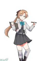 Rule 34 | 1girl, absurdres, akigumo (kancolle), akigumo kai ni (kancolle), aqua bow, aqua bowtie, blazer, boots, bow, bowtie, brown hair, cross-laced footwear, drawing tablet, dress, feet out of frame, green eyes, grey dress, grey jacket, grey thighhighs, highres, holding, holding stylus, jacket, kantai collection, lace-up boots, long hair, looking at viewer, one-hour drawing challenge, ponytail, robinson (day l full), simple background, solo, stylus, thighhighs, white background