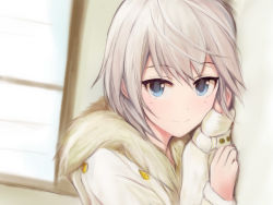 Rule 34 | 1girl, absurdres, anastasia (idolmaster), blue eyes, blurry, blurry background, blush, closed mouth, depth of field, dutch angle, from side, fur collar, hand in own hair, highres, idolmaster, idolmaster cinderella girls, long hair, long sleeves, looking to the side, lying, nannacy7, on floor, on stomach, short hair, silver hair, smile, solo, upper body