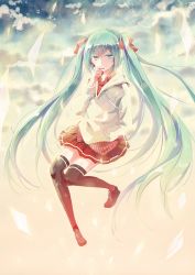 Rule 34 | 1girl, bad id, bad pixiv id, cloud, green eyes, green hair, hatsune miku, highres, long hair, matching hair/eyes, pudding (8008208820), skirt, sky, solo, thighhighs, twintails, very long hair, vocaloid