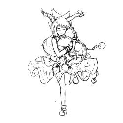 Rule 34 | 1girl, ^ ^, ankle boots, blush, boots, bow, chain, closed eyes, closed eyes, full body, greyscale, hair bow, head tilt, highres, horn ornament, horns, ibuki suika, jpeg artifacts, layered skirt, leg up, monochrome, hugging object, oni, pan-ooh, simple background, sketch, skirt, solo, standing, standing on one leg, touhou, white background, wrist cuffs
