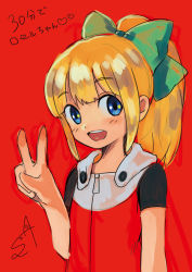 Rule 34 | 1girl, android, blonde hair, blue eyes, blunt bangs, blush, bow, capcom, dated, dress, fringe trim, hair bow, hair ornament, hand gesture, heart, high ponytail, highres, hood, hoodie, japanese text, long hair, looking to the side, mega man (classic), mega man (series), mega man 11, open mouth, ponytail, red background, red dress, roll (mega man), sidelocks, signature, simple background, smile, solo, text focus, v