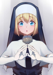 Rule 34 | 1girl, :o, absurdres, blonde hair, blue eyes, blush, capelet, chun zhuan, elbow gloves, en&#039;en no shouboutai, gloves, habit, highres, iris (enen no shouboutai), looking at viewer, nun, own hands together, short hair, solo, upper body, white capelet, white gloves, wide-eyed