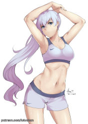 Rule 34 | 1girl, armpits, arms up, blue eyes, blue hair, breasts, commentary, contrapposto, cowboy shot, dated, highres, long hair, looking at viewer, lulu-chan92, medium breasts, midriff, navel, nike (company), patreon username, rwby, scar, scar across eye, scar on face, short shorts, shorts, side ponytail, simple background, solo, sports bra, standing, sweat, very long hair, weiss schnee, white background