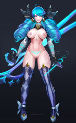 Rule 34 | absurdres, badcompzero, breasts, cleft of venus, curvy, gwen (league of legends), highres, hourglass, large breasts, league of legends, looking at viewer, needle, nipples, pubic tattoo, pussy, revealing clothes, tattoo, uncensored, weapon