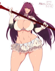 Rule 34 | 1girl, ass, breasts, cleavage, cosplay, cowboy shot, curvy, elbow gloves, fate/grand order, fate (series), gae bolg (fate), gloves, gluteal fold, groin, highres, holding, holding polearm, holding spear, holding weapon, huge breasts, lance, large breasts, legs apart, long hair, looking at viewer, medb (fate), microskirt, midriff, navel, open mouth, pinky out, polearm, purple hair, red eyes, scathach (fate), sekiyu (spartan), simple background, skirt, solo, spear, stomach, thick thighs, thighs, weapon, white background, white gloves, wide hips