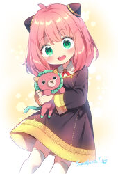 Rule 34 | 1girl, ahoge, anya (spy x family), black dress, blush, colored eyelashes, commentary, cowboy shot, director chimera (spy x family), dress, eyelashes, green eyes, hair between eyes, happy, highres, holding, holding stuffed toy, long sleeves, looking at viewer, medium hair, open mouth, pink hair, school uniform, shirt, short dress, signature, simple background, smile, solo, spy x family, standing, stuffed toy, suzushiro atsushi, tareme, teeth, thighhighs, upper teeth only, white shirt, white thighhighs, wide sleeves, yellow background