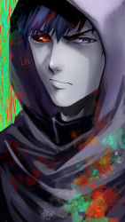 Rule 34 | 1boy, absurdres, amon koutarou, black hair, black robe, blue eyes, closed mouth, commentary request, green background, highres, hood, hood up, hooded robe, male focus, multicolored background, red background, red eyes, robe, serious, short hair, solo, tokyo ghoul, tokyo ghoul:re, tomato (akait0mat0), upper body