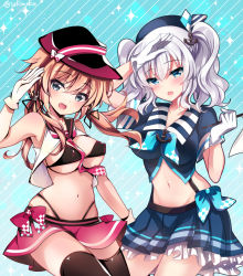 Rule 34 | 2girls, :d, armpits, bad id, bad pixiv id, bare arms, bare shoulders, between breasts, black bra, black headwear, black legwear, black panties, black sailor collar, blonde hair, blue eyes, blue headwear, blue neckwear, blue shirt, blue skirt, bow, bra, breasts, cleavage, crop top, covered erect nipples, flag, floating hair, gloves, hair ornament, hand up, hat, highleg, highleg panties, holding, ichiyou moka, kantai collection, kashima (kancolle), large breasts, long hair, looking at viewer, low twintails, midriff, miniskirt, multiple girls, navel, necktie, open mouth, panties, peaked cap, pink bow, pink neckwear, pink skirt, pleated skirt, prinz eugen (kancolle), sailor collar, salute, shirt, short sleeves, silver hair, skirt, sleeveless, sleeveless shirt, smile, stomach, suspenders, thighhighs, twintails, underwear, white gloves, white shirt, wing collar, zettai ryouiki