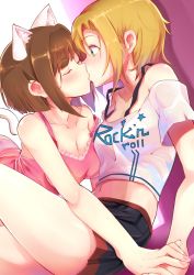 Rule 34 | 10s, 2girls, animal ear fluff, animal ears, arched back, bare legs, bare shoulders, blonde hair, blush, breasts, brown hair, casino (casinoep), cat ears, cat tail, cleavage, closed eyes, clothes writing, collarbone, commentary request, crop top, english text, from side, green eyes, highres, holding hands, idolmaster, idolmaster cinderella girls, kiss, leaning back, leaning forward, maekawa miku, medium breasts, midriff, multiple girls, nail polish, navel, panties, pink nails, pink shirt, shirt, short hair, sidelocks, sitting, skirt, surprised, tada riina, tail, underwear, white shirt, yuri