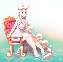 Rule 34 | 1girl, breasts, cleavage, cloud, cloud hair, dress, hand on thigh, high heels, highres, kenron toqueen, large breasts, long hair, looking at viewer, original, sahne, sitting, sleeveless, sleeveless dress, smile, solo, throne, tight dress, very long hair, white dress, white footwear, white hair