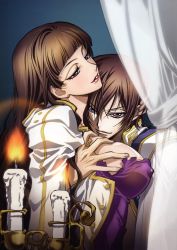 Rule 34 | 00s, 1boy, 1girl, age difference, artbook, blush, grabbing another&#039;s breast, breasts, brown hair, candle, code geass, couple, covered erect nipples, curtains, dress, family, grabbing, happy, hetero, hug, incest, jacket, large breasts, lipstick, long hair, makeup, marianne vi britannia, mature female, mother and son, nakajima atsuko, naughty face, purple eyes, sideboob, sketch, smile