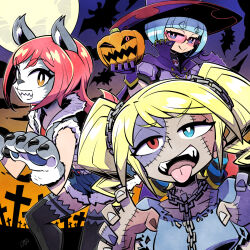 Rule 34 | 3girls, ;d, animal ears, animal hands, bat (animal), blonde hair, blue eyes, blue hair, bob cut, bright pupils, cape, chain, collarbone, facepaint, fake animal ears, fangs, full moon, fur-trimmed vest, fur trim, glasses, gloves, graveyard, hair ornament, halloween, halloween costume, hands up, hat, heterochromia, high collar, hinoko (sunafuki tabito), jack-o&#039;-lantern, laika (sunafuki tabito), long hair, looking at viewer, moon, multiple girls, one eye closed, open mouth, orange eyes, original, patchwork skin, puffy short sleeves, puffy sleeves, pumpkin, purple gloves, red eyes, red hair, reina (sunafuki tabito), short sleeves, shorts, sleeveless, sleeveless jacket, smile, stitched face, stitches, sunafuki tabito, thick eyebrows, tinted eyewear, tombstone, tongue, tongue out, torn clothes, twintails, vest, werewolf, witch, witch hat, zombie