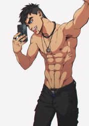 Rule 34 | 1boy, abs, armpit hair, armpits, biceps, black hair, blue eyes, cellphone, collarbone, cross, danzzila (medanzzila), ear piercing, earrings, highres, jewelry, male focus, male underwear, muscular, muscular male, navel, navel hair, necklace, ntdevont, original, pants, pectorals, pentagram, phone, piercing, selfie, solo, thick eyebrows, tongue, tongue out, topless male, tusks, underwear