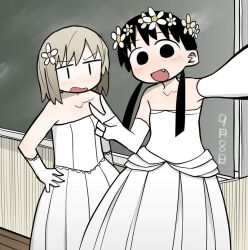 Rule 34 | 2girls, annoyed, bare shoulders, black eyes, black hair, blush, brown hair, chalkboard, classroom, collarbone, commission, dress, elbow gloves, fang, flower, gloves, hair flower, hair ornament, hair over shoulder, hand on own hip, hand up, hatopopoko, head wreath, heisei umare, indoors, jitome, long hair, looking at another, looking at viewer, low twintails, medium hair, multiple girls, open mouth, satou (heisei umare), skeb commission, smile, standing, strapless, strapless dress, timestamp, twintails, v, v-shaped eyebrows, wedding dress, white dress, white flower, white gloves, yomura yuri, | |