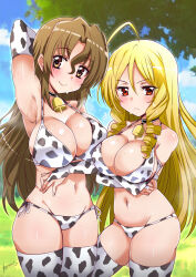 Rule 34 | 2girls, ahoge, animal print, aoi manabu, arm up, armpits, bare shoulders, bikini, blonde hair, blush, breast hold, breasts, brown hair, choker, cleavage, collarbone, commentary request, commission, covered erect nipples, cow girl, cow print, cow print bikini, cow print gloves, cow print thighhighs, cowbell, day, drill hair, elbow gloves, field, gloves, grasslands, groin, hayate no gotoku!, highres, large breasts, long hair, maria (hayate no gotoku!), multiple girls, navel, neck bell, outdoors, pixiv commission, print bikini, print gloves, print thighhighs, red eyes, shiny skin, sideboob, signature, sky, stomach, sweat, swimsuit, tennousu athena, thighhighs, thighs, tree
