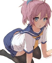 Rule 34 | 1girl, alchera, all fours, aoba (kancolle), black thighhighs, blue eyes, blue scrunchie, commentary request, kantai collection, looking at viewer, messy hair, midriff peek, neckerchief, one-hour drawing challenge, open mouth, ponytail, purple hair, purple sailor collar, purple shorts, sailor collar, school uniform, scrunchie, serafuku, short hair, short ponytail, shorts, simple background, solo, thighhighs, white background, yellow neckerchief