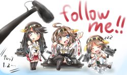 Rule 34 | 10s, 3girls, ahoge, bare shoulders, boots, brown hair, cup, detached sleeves, drooling, hair ornament, hairband, haruna (kancolle), headgear, hiei (kancolle), japanese clothes, kantai collection, kongou (kancolle), long hair, multiple girls, nontraditional miko, personification, pouring, rinrin (927413), short hair, skirt, teacup, thigh boots, thighhighs, translated