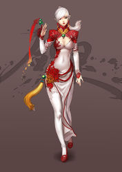 Rule 34 | 10s, 1girl, absurdres, alternate costume, blade &amp; soul, breasts, brown eyes, character request, cleavage, cleavage cutout, clothing cutout, commentary, earrings, grey background, hair over one eye, highres, jewelry, large breasts, lips, lipstick, long hair, makeup, mole, nose, pointy ears, ponytail, side slit, solo, thighhighs, white hair, white thighhighs, yukiusagi1983