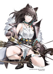 Rule 34 | 1girl, absurdres, ahoge, animal ears, ankle boots, arknights, arrow (projectile), bare legs, bare shoulders, black footwear, black gloves, black jacket, boots, bow (weapon), breasts, brown hair, closed mouth, dress, extra ears, fingerless gloves, full body, fur-trimmed jacket, fur trim, gloves, highres, holding, holding bow (weapon), holding weapon, jacket, jewelry, long hair, long sleeves, looking at viewer, lunacub (arknights), medium breasts, mole, mole on arm, necklace, o-ring dress, off shoulder, simple background, smile, solo, spread legs, squatting, tail, thigh strap, weapon, white background, white dress, wolf ears, wolf girl, wolf tail, yellow eyes, yokaze (yokajie)