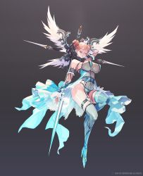 Rule 34 | 1girl, arm behind head, arm up, blonde hair, blue dress, blue thighhighs, blunt bangs, breasts, closed eyes, commentary, commentary request, destiny child, double bun, dress, feathered wings, full body, garter straps, grey background, hair bun, heart, highres, huge breasts, leg up, nirrti (destiny child), official art, open clothes, parted lips, punc p, revealing clothes, simple background, solo, thigh strap, thighhighs, wings