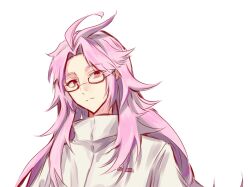 Rule 34 | 1boy, ahoge, baiyuqi43291, chinese commentary, closed mouth, commentary request, glasses, hatsutori hajime, highres, light frown, long hair, male focus, parted bangs, pink hair, rectangular eyewear, red-framed eyewear, red eyes, saibou shinkyoku, shirt, simple background, solo, white background, white shirt