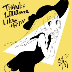 Rule 34 | 1girl, bare arms, blunt bangs, braid, bright pupils, creatures (company), dress, eyelashes, from side, game freak, hands up, hat, highres, kinocopro, lillie (pokemon), long hair, looking at viewer, looking to the side, milestone celebration, nintendo, pokemon, pokemon sm, sleeveless, sleeveless dress, solo, thank you, twin braids, yellow background