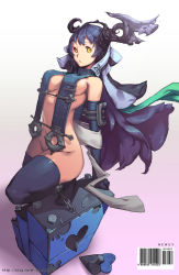 Rule 34 | 1girl, arm guards, armor, artist name, bad id, bad pixiv id, barcode, blue hair, bodysuit, box, breasts, cape, chain, clothing cutout, covered erect nipples, elbow gloves, expressionless, gloves, gradient background, heart, heart cutout, horns, long hair, looking at viewer, newey, no panties, original, restrained, scarf, sideboob, simple background, stairs, thighhighs, watermark, web address, yellow eyes