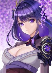 Rule 34 | 1girl, armor, blue hair, blurry, blurry background, breasts, cleavage, eyeshadow, fan hair ornament, fang you lang ling zhe, floral print, flower, genshin impact, gold trim, hair between eyes, hair ornament, hand fan, highres, japanese clothes, kimono, large pectorals, long hair, long sleeves, looking at viewer, makeup, mitsudomoe (shape), mole, mole under eye, multicolored hair, neck ribbon, pectorals, purple eyes, purple flower, purple hair, purple kimono, raiden shogun, red eyeshadow, red ribbon, red sash, ribbon, sash, shoulder armor, sidelocks, smile, solo, standing, streaked hair, teeth, tomoe (symbol), wide sleeves, wisteria