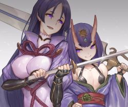 Rule 34 | 2girls, :d, absurdres, akizone, bare shoulders, blunt bangs, bob cut, breasts, collarbone, commentary, eyelashes, fang, fate/grand order, fate (series), gem, gradient background, hair ornament, hand on own hip, high collar, highres, holding, holding sword, holding weapon, horns, japanese clothes, katana, kimono, large breasts, leaning on person, long hair, long sleeves, looking at another, looking at viewer, minamoto no raikou (fate), multiple girls, obi, off shoulder, oni, open mouth, over shoulder, parted bangs, purple eyes, purple hair, revealing clothes, rope, sash, short hair, shuten douji (fate), side-by-side, skin-covered horns, small breasts, smile, sword, teeth, upper body, vambraces, very long hair, weapon, weapon over shoulder, wide sleeves